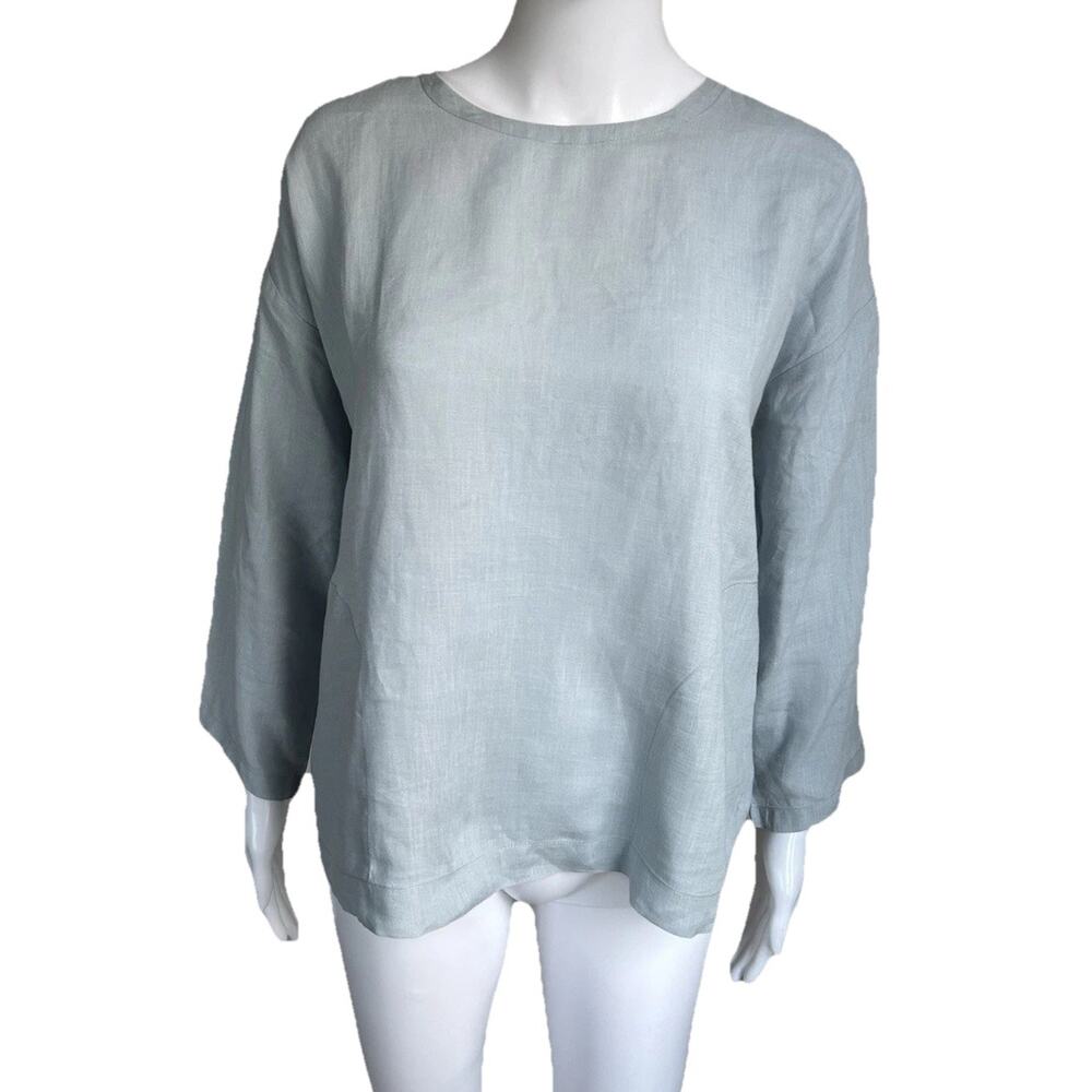Eileen Fisher Organic Linen Boxy Top Womens XXS Dusty Blue 3/4 Sleeve Minimalist